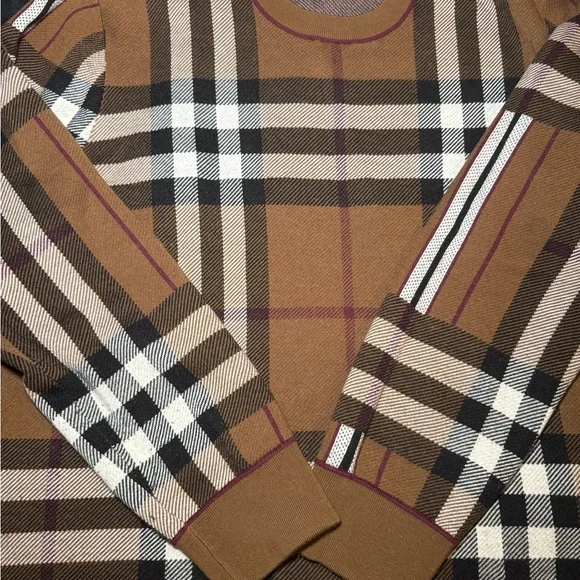 Burberry Camel Plaid Crewneck Sweater with Black & White Accents - Picture 1 of 9
